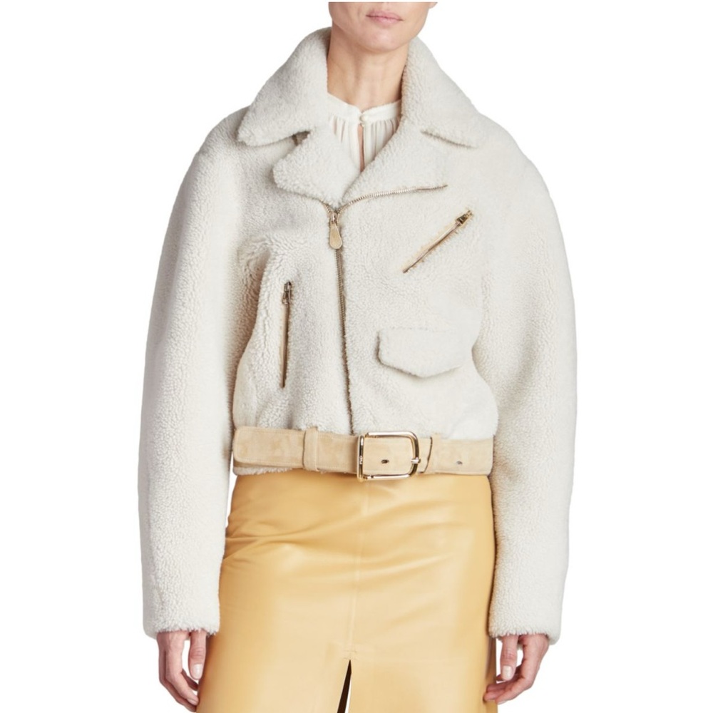 CHLOÉ Lamb Shearling Leather Faux fur Jacket Biker Coat Buckle Cream Sz 40 Chloe